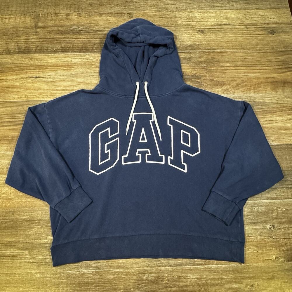 GAP Men’s Large Navy Blue Logo Pullover Hoodie Oversized Spellout Sweatshirt